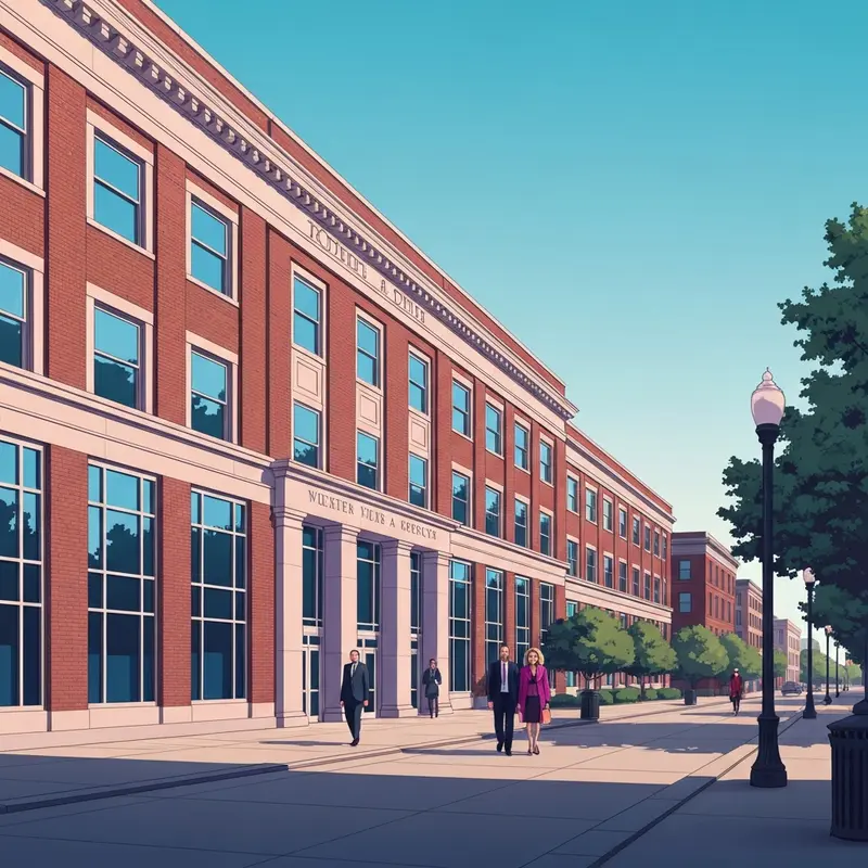 The exterior of the Social Security Administration Worcester MA office at 51 Myrtle Street, showing a professional brick building under a clear blue sky.