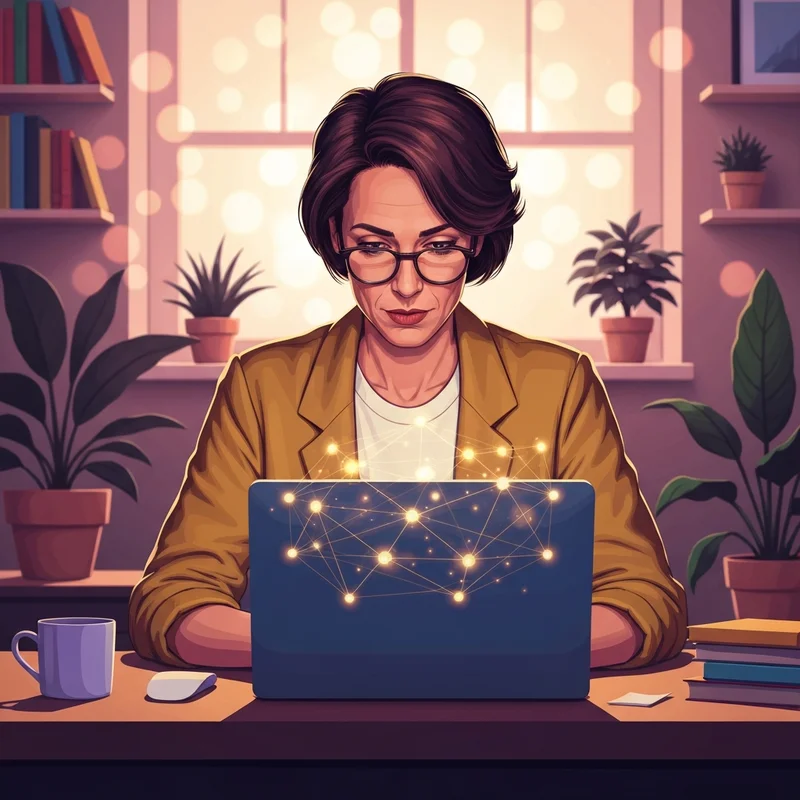 A young adult sitting comfortably in a modern, sunlit room, smiling while looking at a glowing laptop screen that displays a vibrant, interconnected web of light nodes representing the advantages of social media.