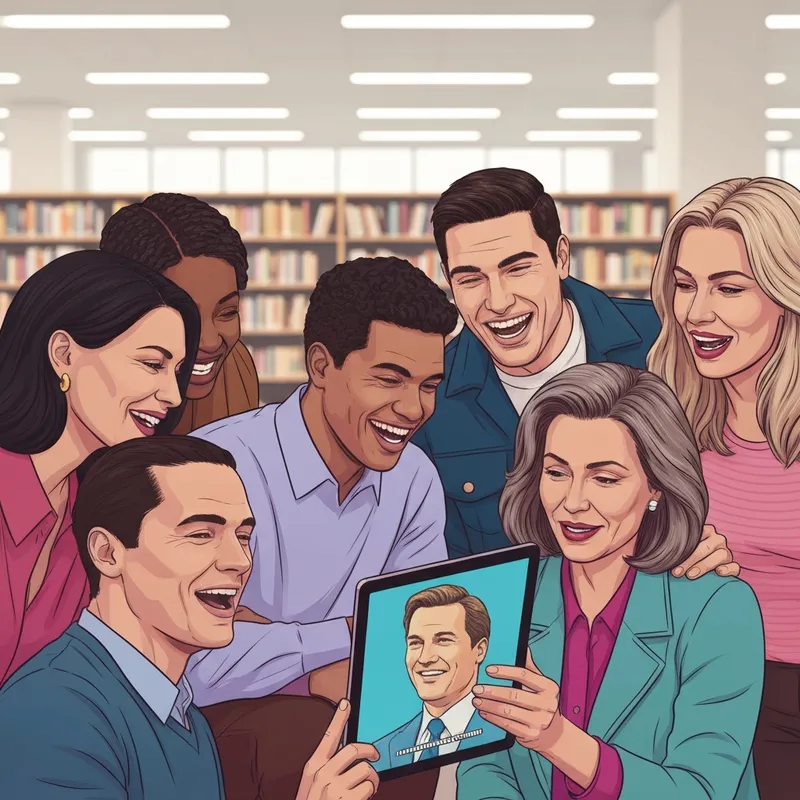 A diverse group of university students laughing together at funny social studies memes for students on a tablet in a modern library.