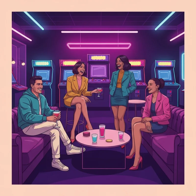 A cinematic, high-energy interior of an electric social club featuring neon lights, retro arcade cabinets, and a stylish diverse crowd.