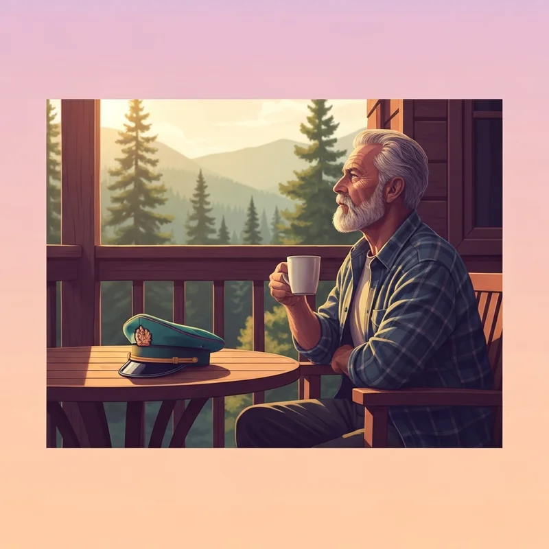 A retired military veteran sitting on a porch at sunset, looking relaxed while taking social security early military retirement.