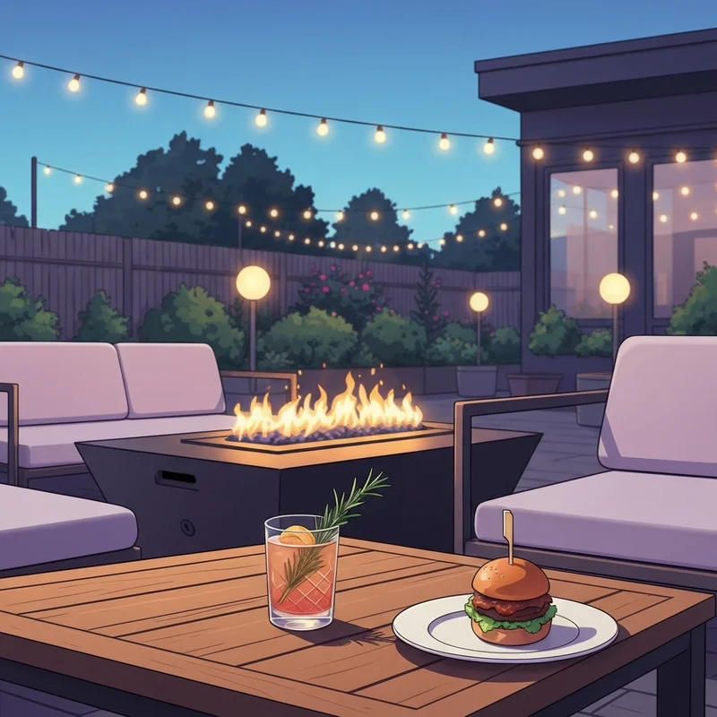 A vibrant outdoor patio at Oak Park Social featuring modern fire pits, craft cocktails, and a diverse group of young professionals enjoying the neighborhood gastropub atmosphere.