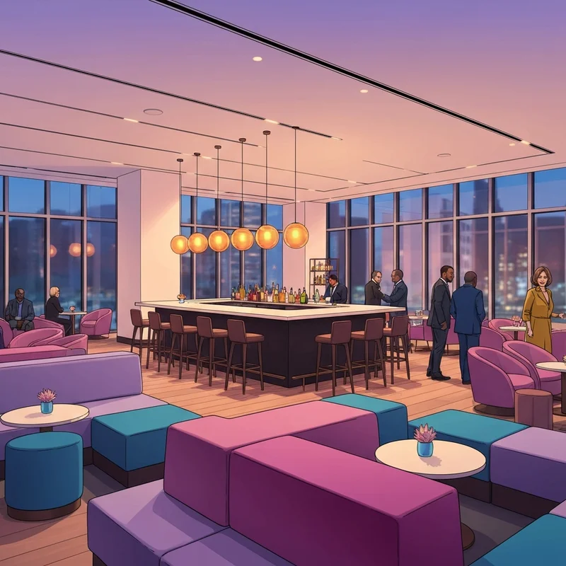 The vibrant interior of Ten 01 Social in downtown Minneapolis, showing a modern bar area with amber lighting and stylish lounge seating.