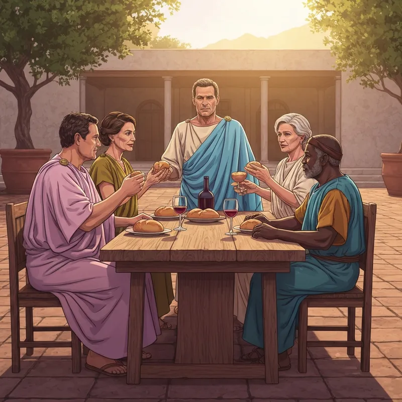 Diverse group of ancient Romans from various social classes sharing a meal together, illustrating what made christianity attractive to different social classes.