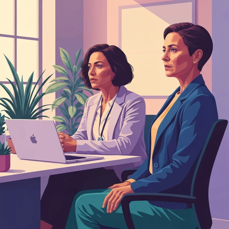 A professional social worker in an empathetic clinical setting discussing social work jobs in Winnipeg.