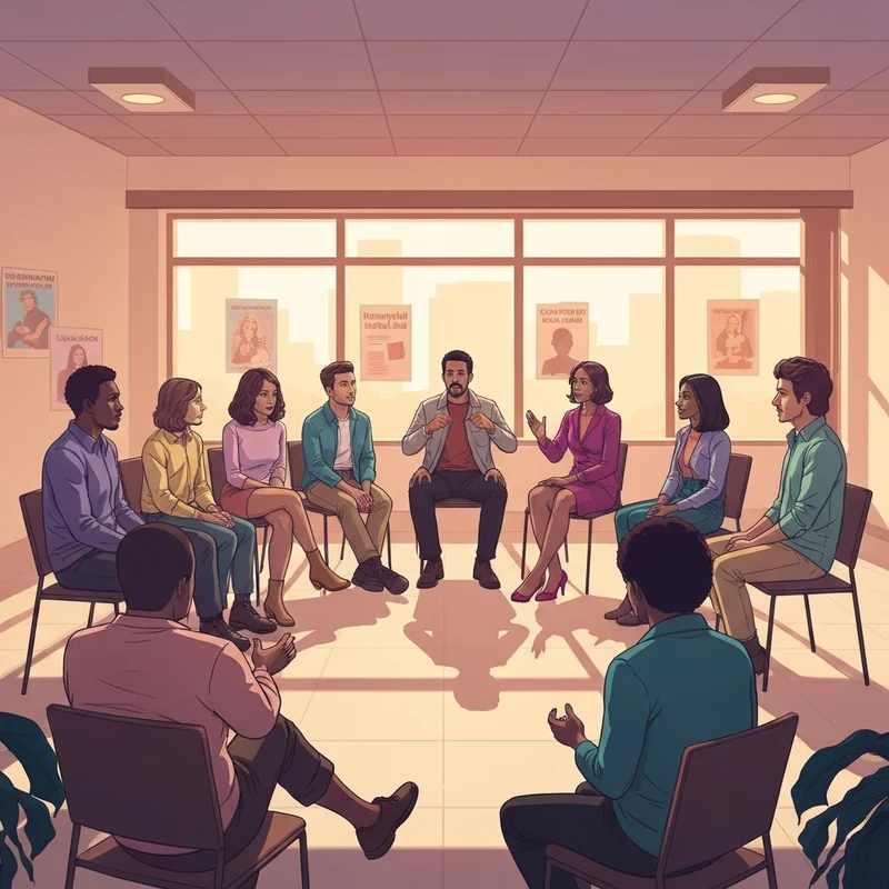 A group of diverse young people engaged in a community meeting about the socialista movement and social ownership.