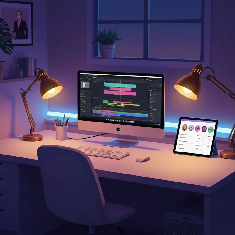 A modern, aesthetic digital workspace with a sleek laptop displaying a comparison chart to compare prices of subscription plans for social media video makers, surrounded by neon accents and creative tools.