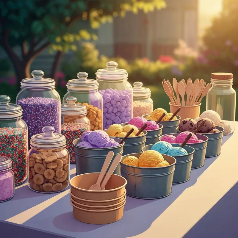 A nostalgic and colorful ice cream social sundae bar with various toppings and flavors.