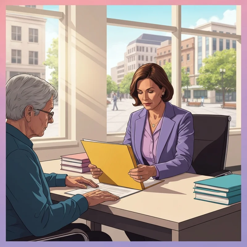 A supportive professional woman helping a senior citizen organize important documents at a desk in a bright, modern Scranton office setting.