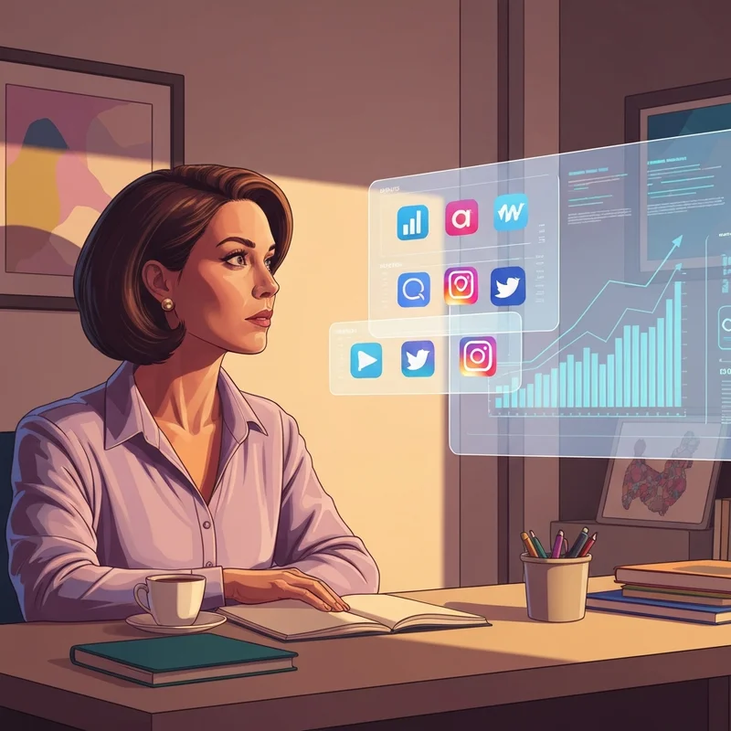 A modern creative workspace showing social media news today october 2025 on multiple screens with a focus on algorithm growth charts.