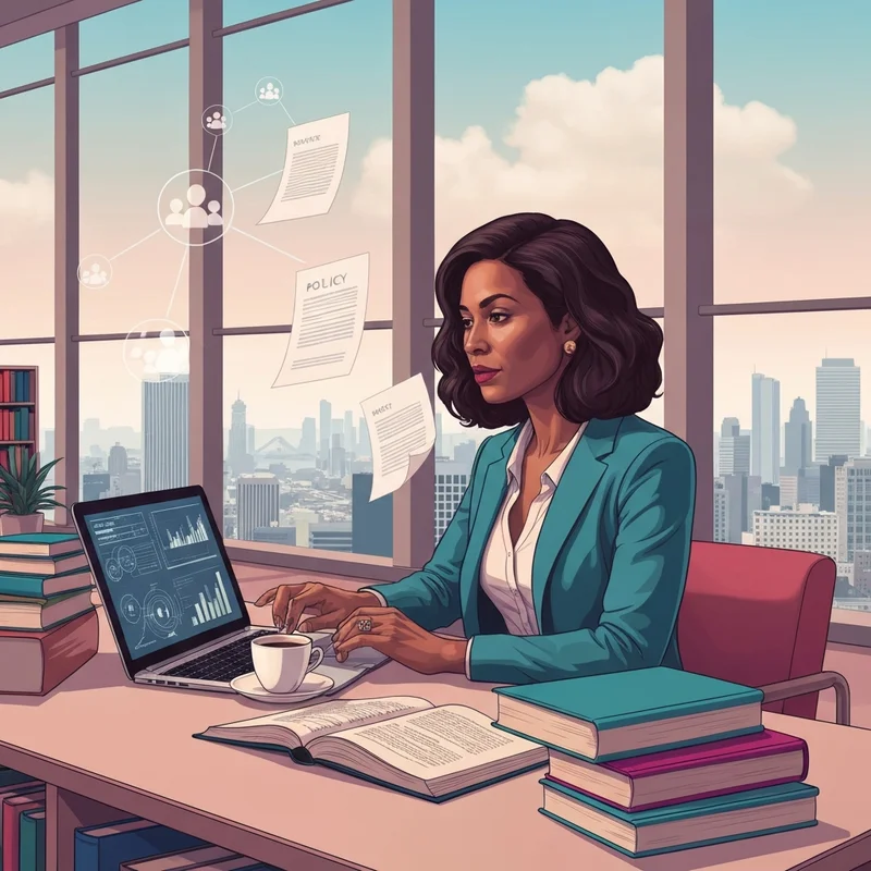 A professional woman in a modern library looking thoughtfully at a city skyline, representing the transition to a PhD in social work.