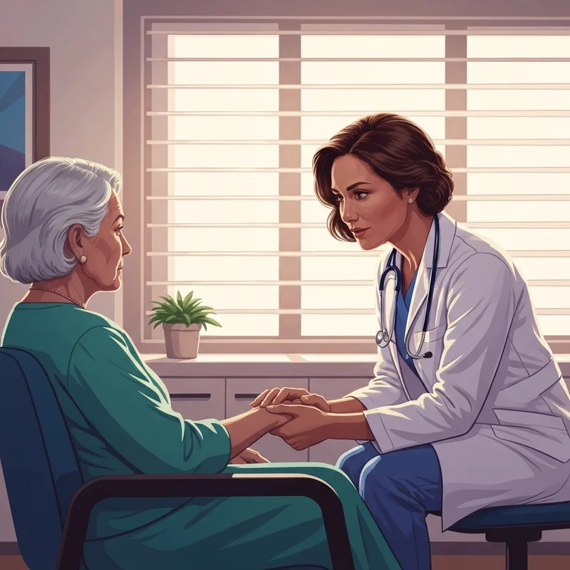 A healthcare professional practicing empathy in social care education cme through a supportive conversation with an elderly patient.