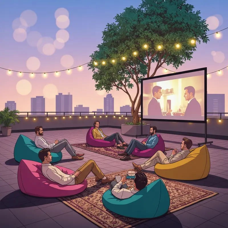 A vibrant open-air cinema social Hyderabad event where young professionals gather for a movie night under the stars.