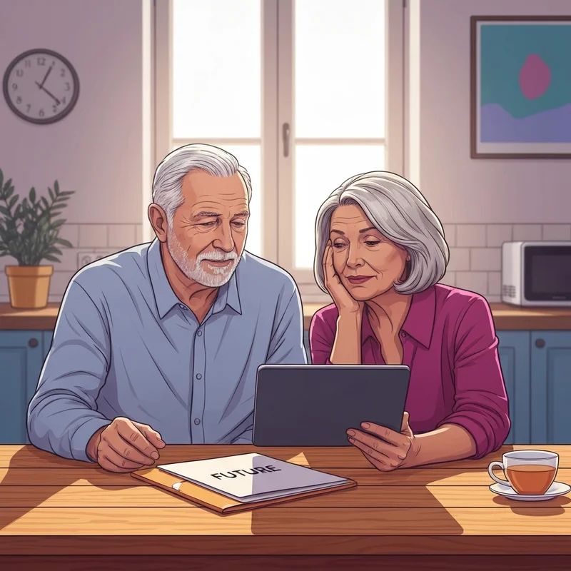 Personas mayores revisando documentos de la administración del seguro social de forma tranquila en casa.