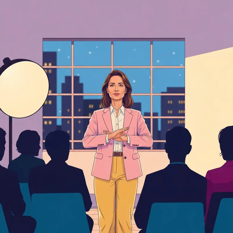 A young woman standing in a modern office with a soft spotlight, looking confident while a blurred group of colleagues watches, illustrating the overcoming of social inhibition.