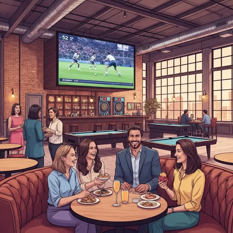 An interior view of Sports and Social Allentown featuring a massive media wall, modern bar seating, and people enjoying a high-energy game day atmosphere.