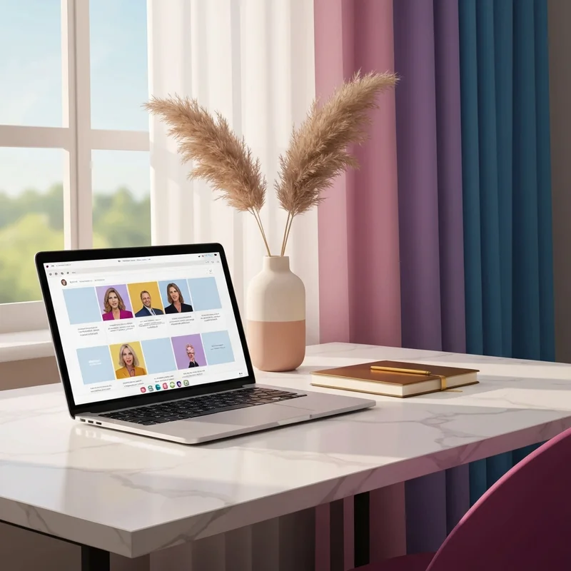 A modern and chic home office desk featuring a laptop with My Social Boutique templates displayed on the screen, surrounded by aesthetic office supplies.