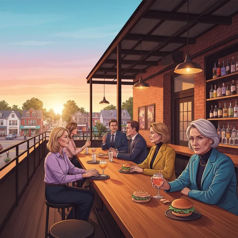 The vibrant rooftop patio and craft eatery interior of R Social on Main in Rogers, MN.