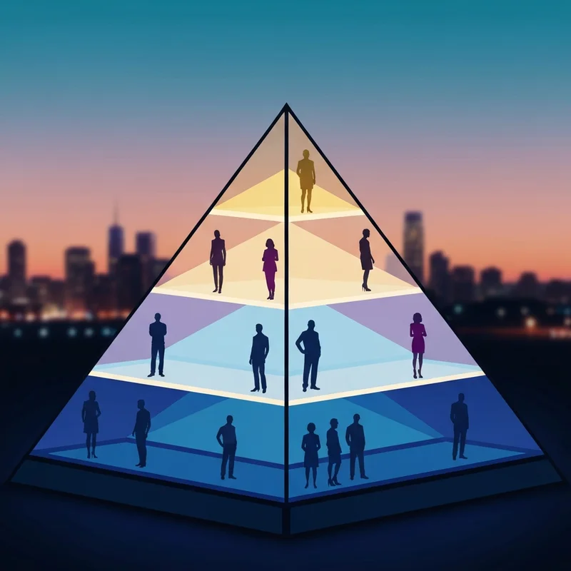 A conceptual 3D visualization representing what is social stratification as a glowing, layered architectural structure with diverse individuals on different levels.