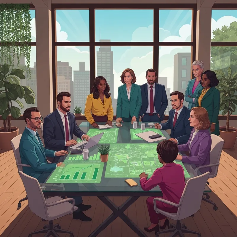 A group of young professionals in a modern office comparing social entrepreneurship and entrepreneurship models on a digital screen.