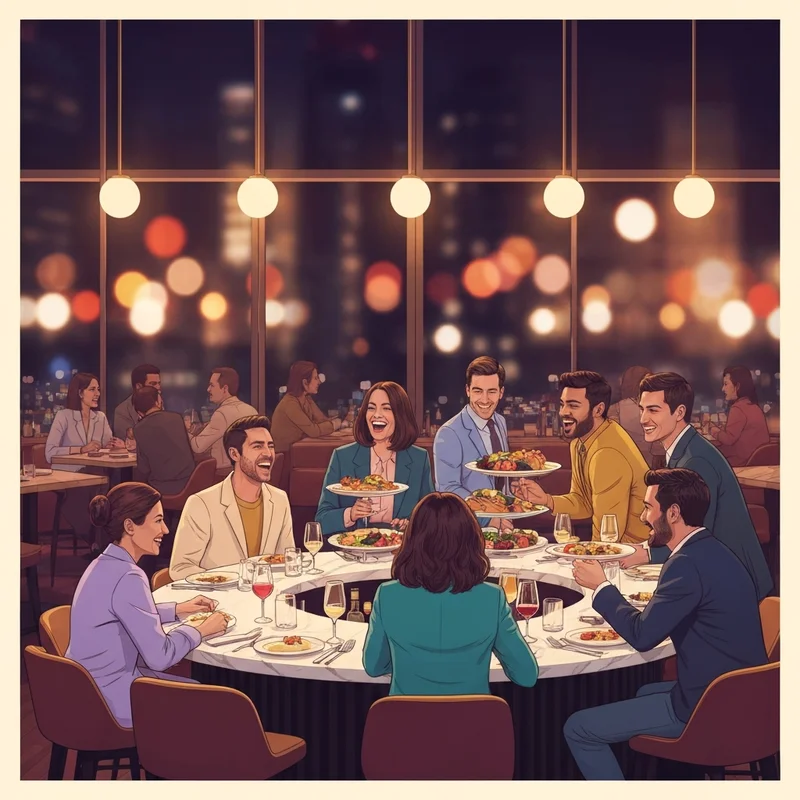 A vibrant dining atmosphere inside a modern social restaurant and bar with young professionals socializing at a circular bar.