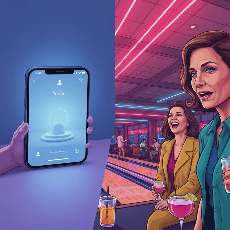 A side-by-side comparison of the harbor social mobile app interface and the interior of the social gaming lounge at National Harbor.