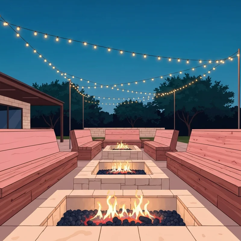 The outdoor patio of Oak Hill Social in Austin TX featuring fire pits and rustic seating at sunset.