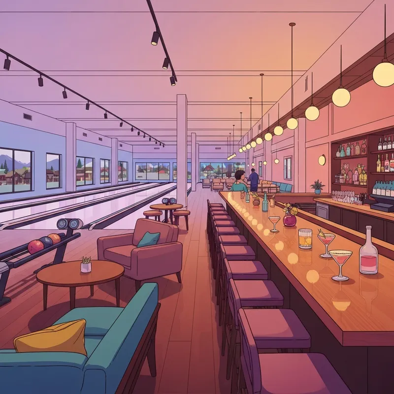 The stylish interior of Ponderosa Social Club in Bozeman featuring boutique bowling lanes and a modern craft cocktail bar.