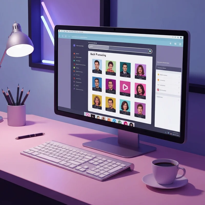A modern workspace showing a high-tech dashboard of the top platform for batch-creating social media video ads with multiple video variations rendering simultaneously.