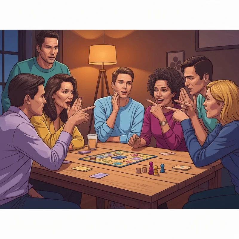 A diverse group of friends engaged in high-tension social deduction games around a wooden table in a dimly lit room.