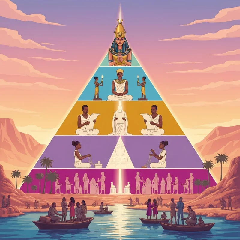 A cinematic visualization of the ancient Egypt social structure showing a glowing limestone pyramid with archetypal figures representing the Pharaoh, Scribes, and Artisans.