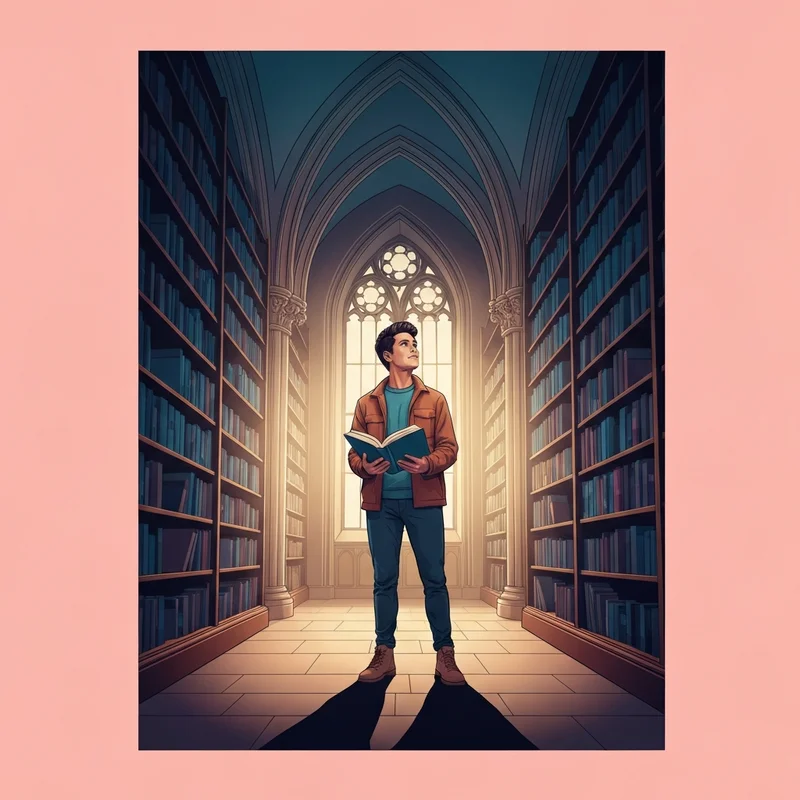 Una persona rompiendo cadenas hechas de libros antiguos frente a una arquitectura gótica, simbolizando la iglesia y el control social del conocimiento.