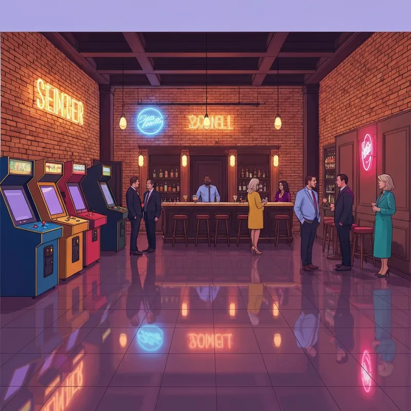 The vibrant neon-lit interior of West Church Social in Newark Ohio featuring arcade games and a modern bar setting.