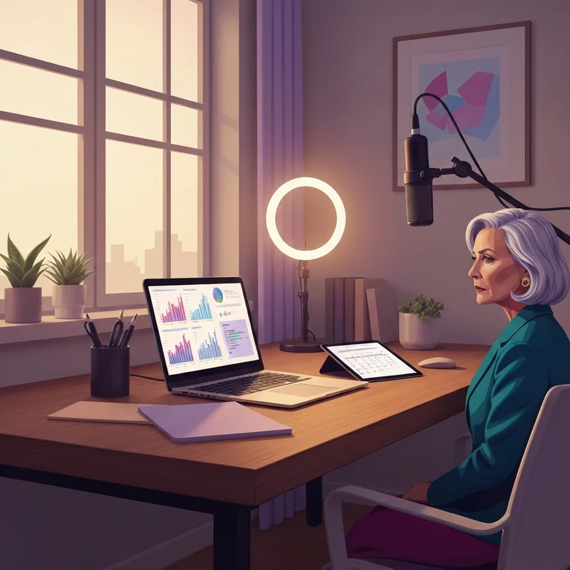 A professional desk setup featuring a smartphone, a high-end camera, and a laptop displaying engagement metrics, representing a social media manager job description in action.