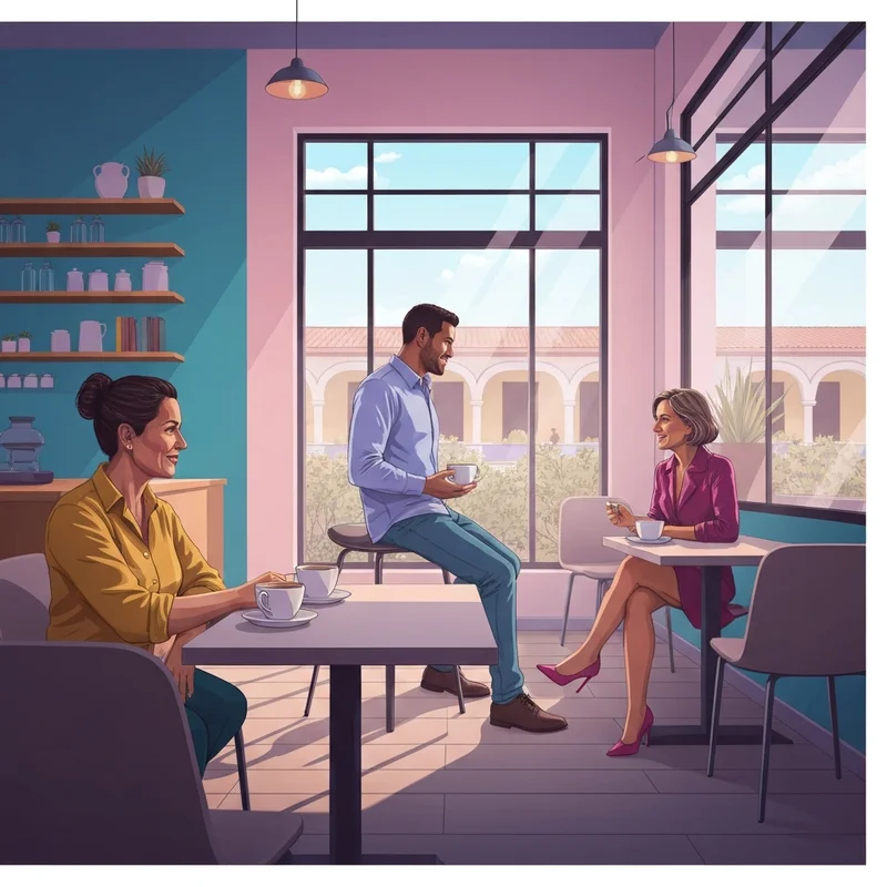 A group of young adults enjoying coffee in a modern San Jose cafe, illustrating social norms in san jose costa rica.