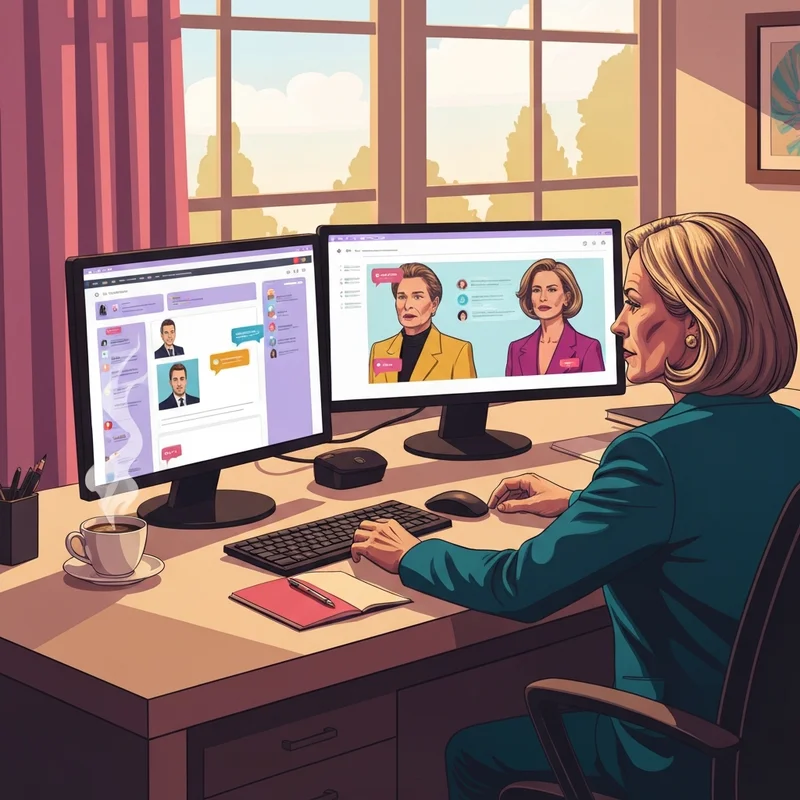 A modern workspace showing a professional managing social media customer service across multiple screens with empathetic engagement.