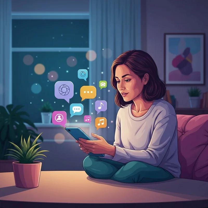 A person using a smartphone to find social media by phone number with a digital detective theme