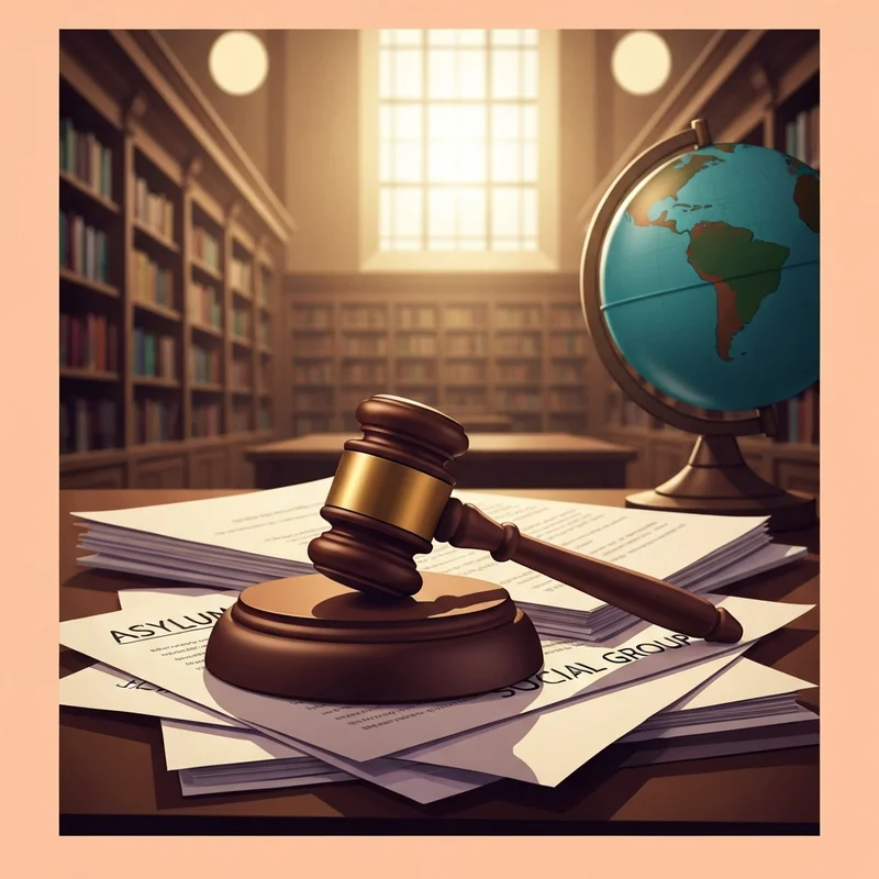 A symbolic legal landscape showing a gavel resting on documents titled SCOTUS case with asylum particular social group, with a warm light of hope in the background.