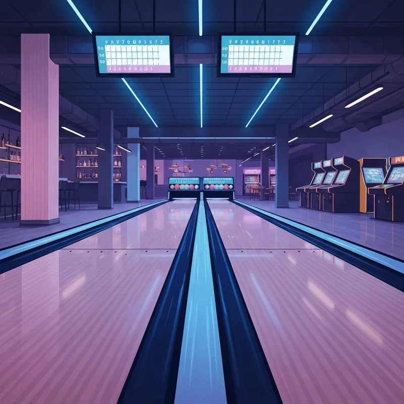 A vibrant, neon-lit social entertainment hub featuring b social bowling lanes and a modern arcade vibe.