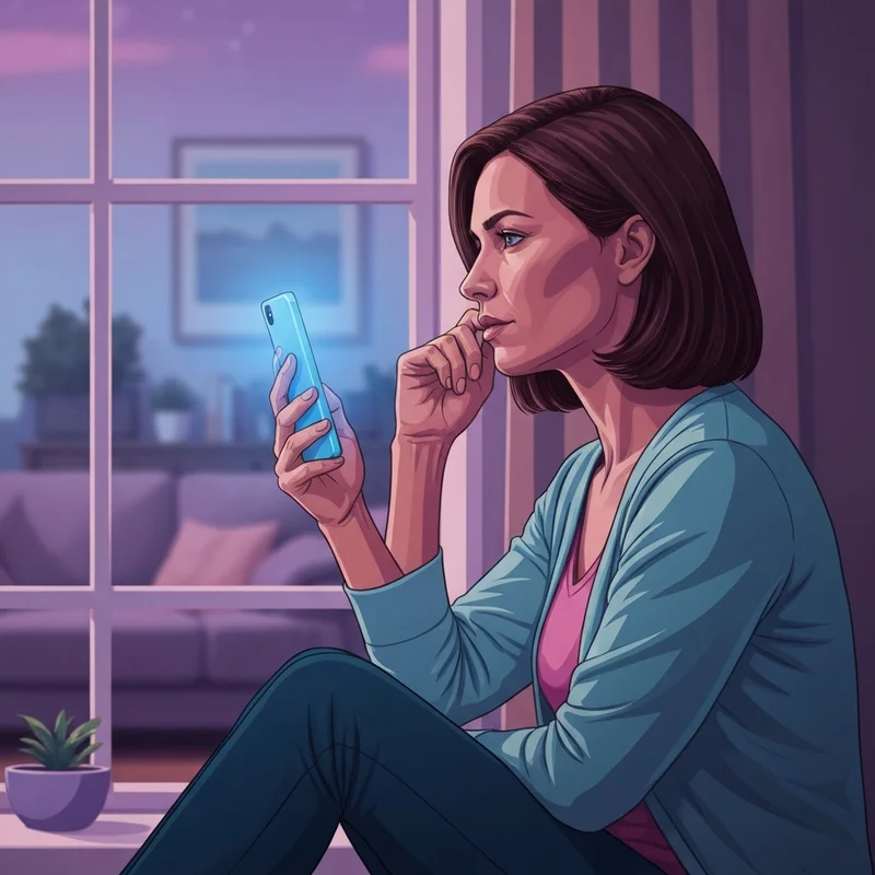 A woman looking thoughtfully at her phone while reflecting on social media ggirls and digital relationship boundaries.
