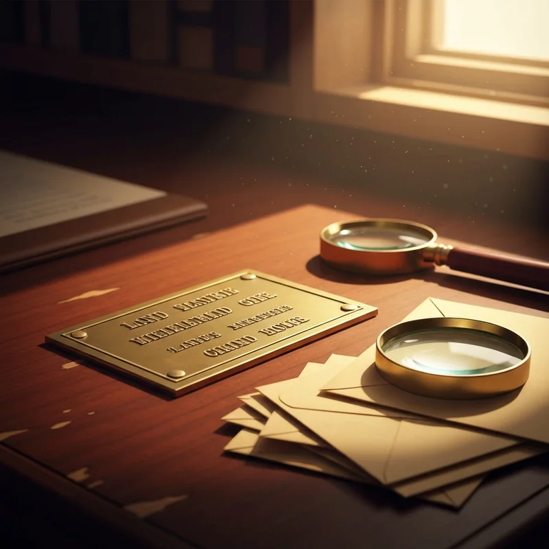 A vintage metal social security card made of brass resting on a dark wooden surface next to an old fountain pen.