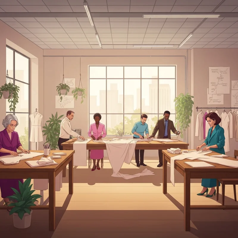A diverse group of textile designers and garment workers collaborating in a sunlit, modern ethical manufacturing studio, representing social value for an apparel business.
