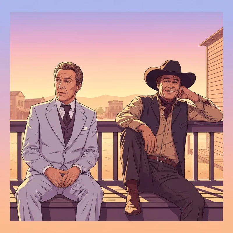 The iconic Cheyenne social club cast featuring James Stewart and Henry Fonda in a 1970s Western setting.