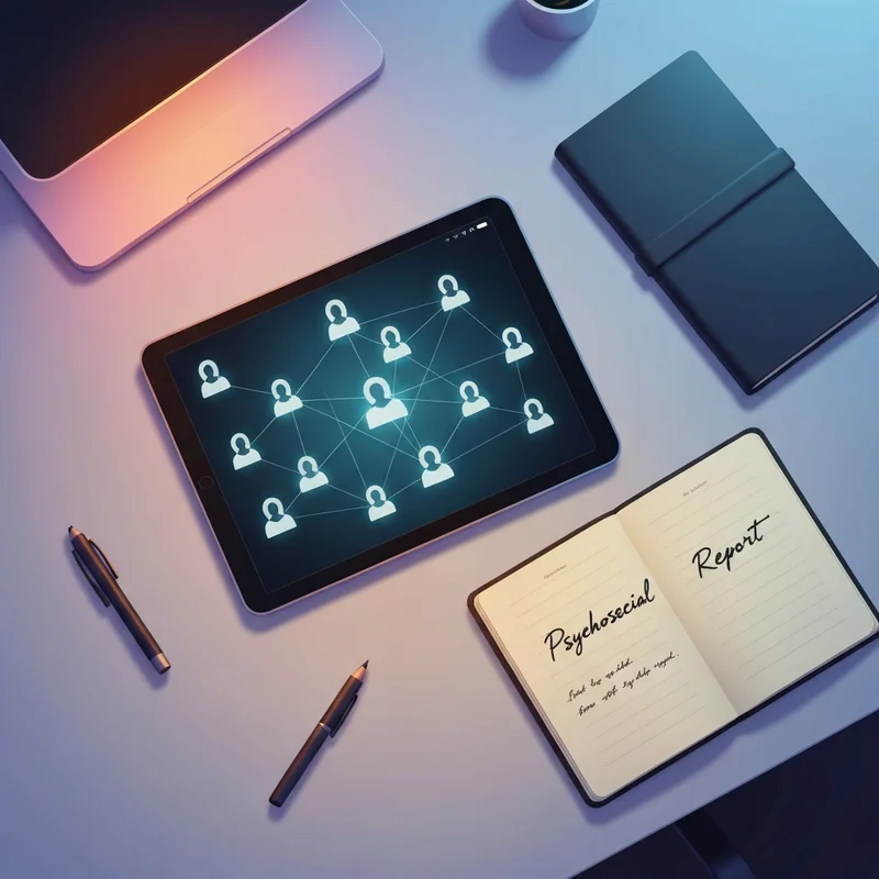 A professional analyzing a social questionnaire summary on a tablet with glowing connection nodes in the background.