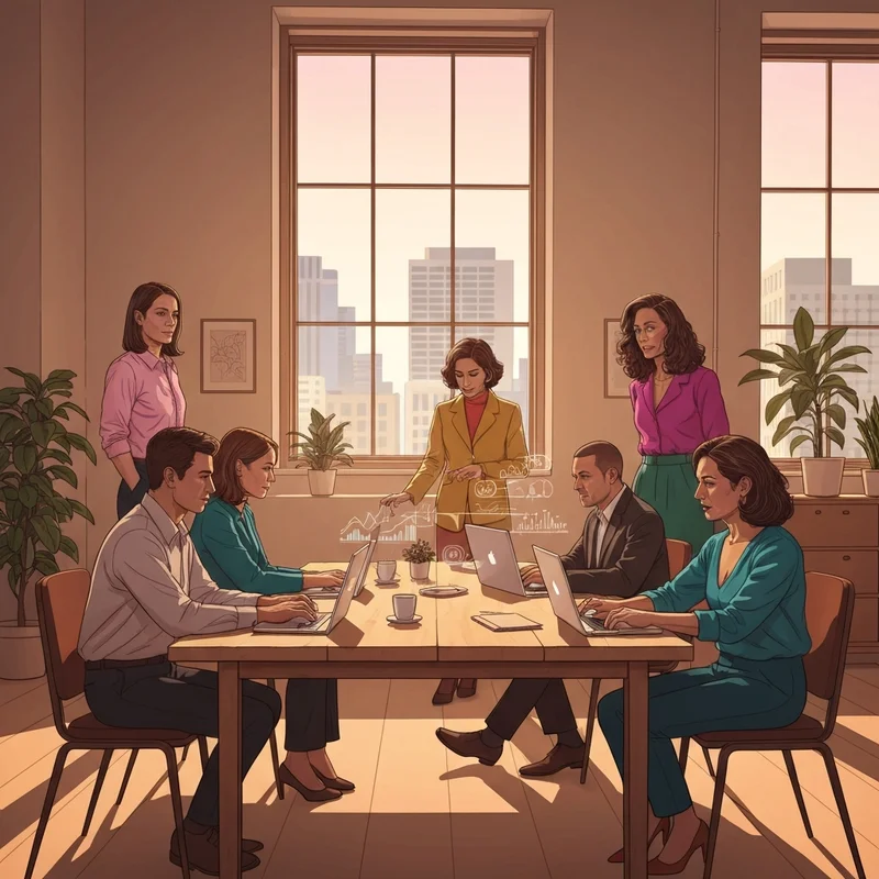 A group of young digital professionals in a modern creative studio collaborating on social media marketing positions strategy.