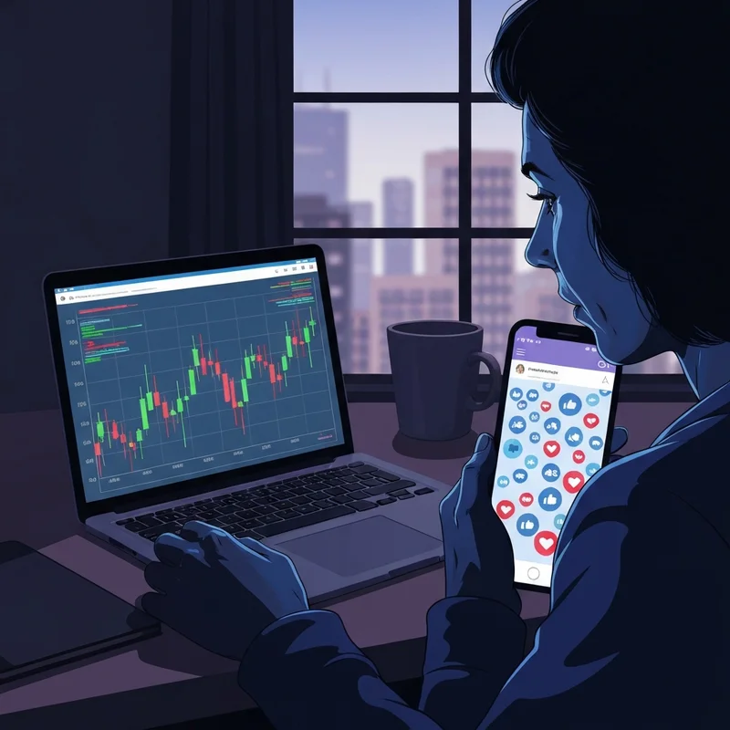A young professional analyzing multiple digital screens showing financial charts and social media feeds, illustrating how social media algorithms affect investor decision making.