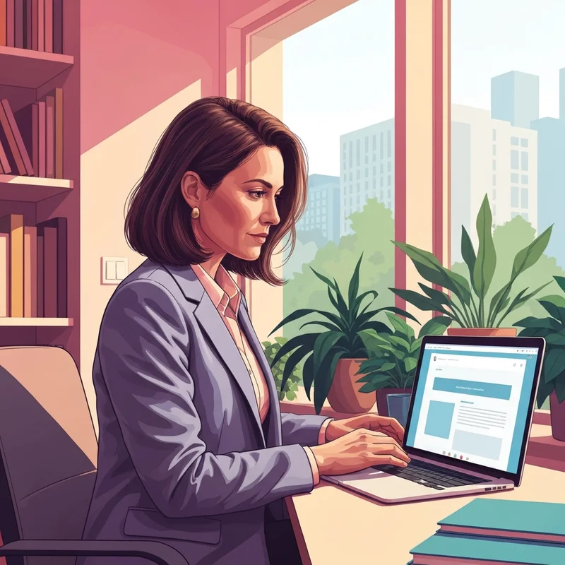 A professional social worker reviewing part time social work jobs on a laptop in a cozy, modern office setting with a calm atmosphere.