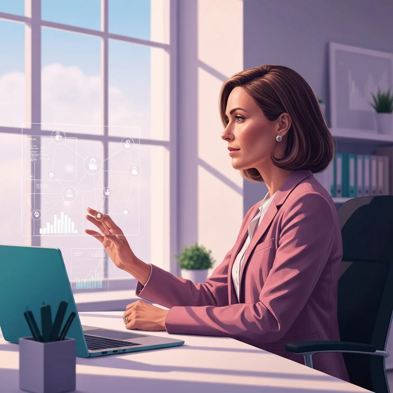 A young professional woman in a bright, modern office looking at digital charts symbolizing social perception tax and community contribution.