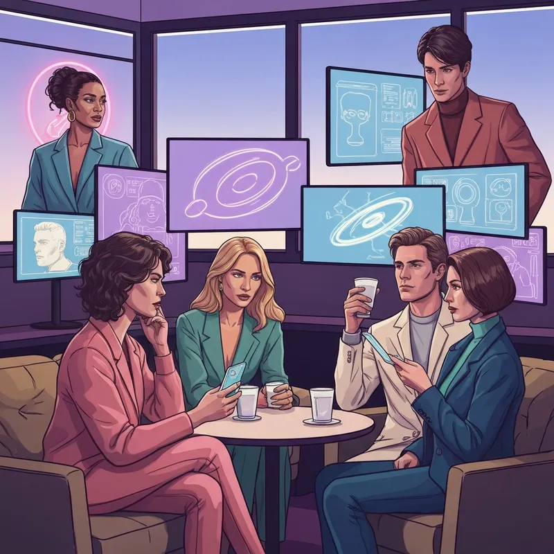 A diverse group of young adults engaged in a deep discussion about social commentary in a modern, neon-lit lounge with digital art screens.