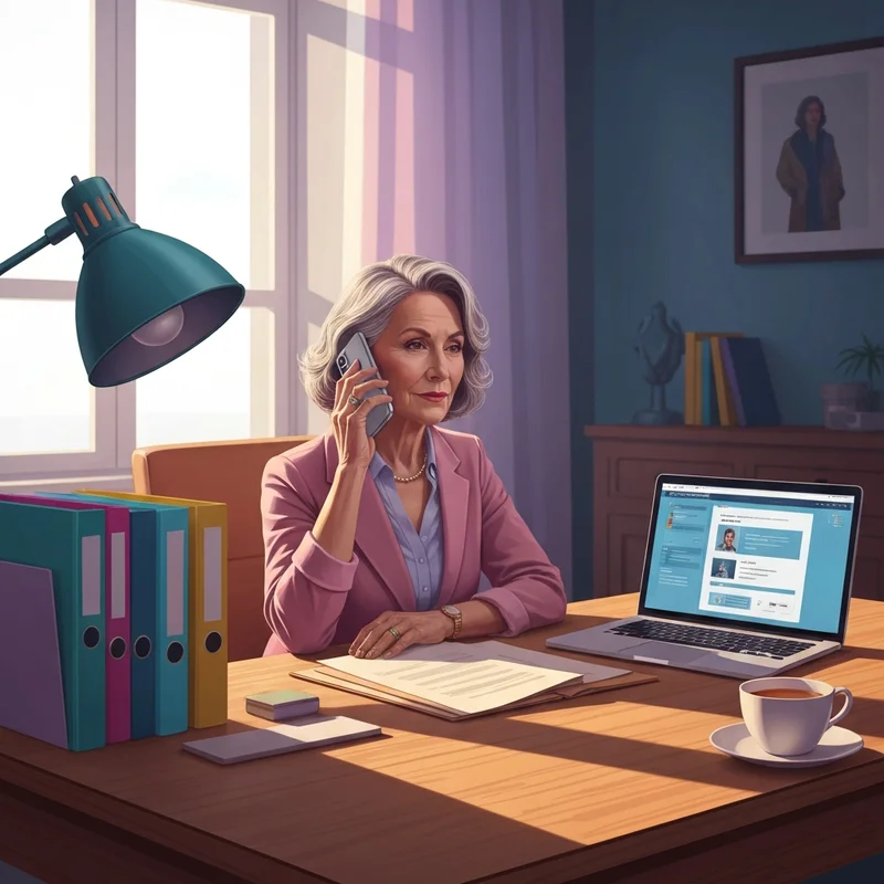 A woman in her 50s looking determined while navigating the social security administration customer service crisis on her laptop and phone.